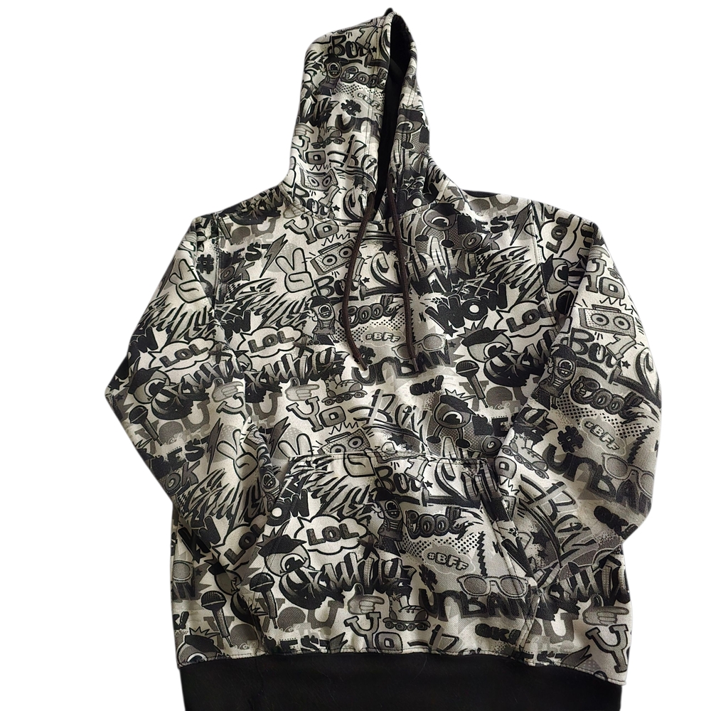 Super Massive Pull Over Hoodie Comic-Style Graffiti Print/Street Art Mens Medium